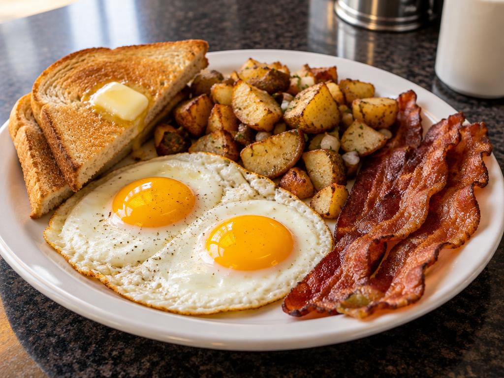 Sunrise breakfast platter with eggs, bacon and home fries