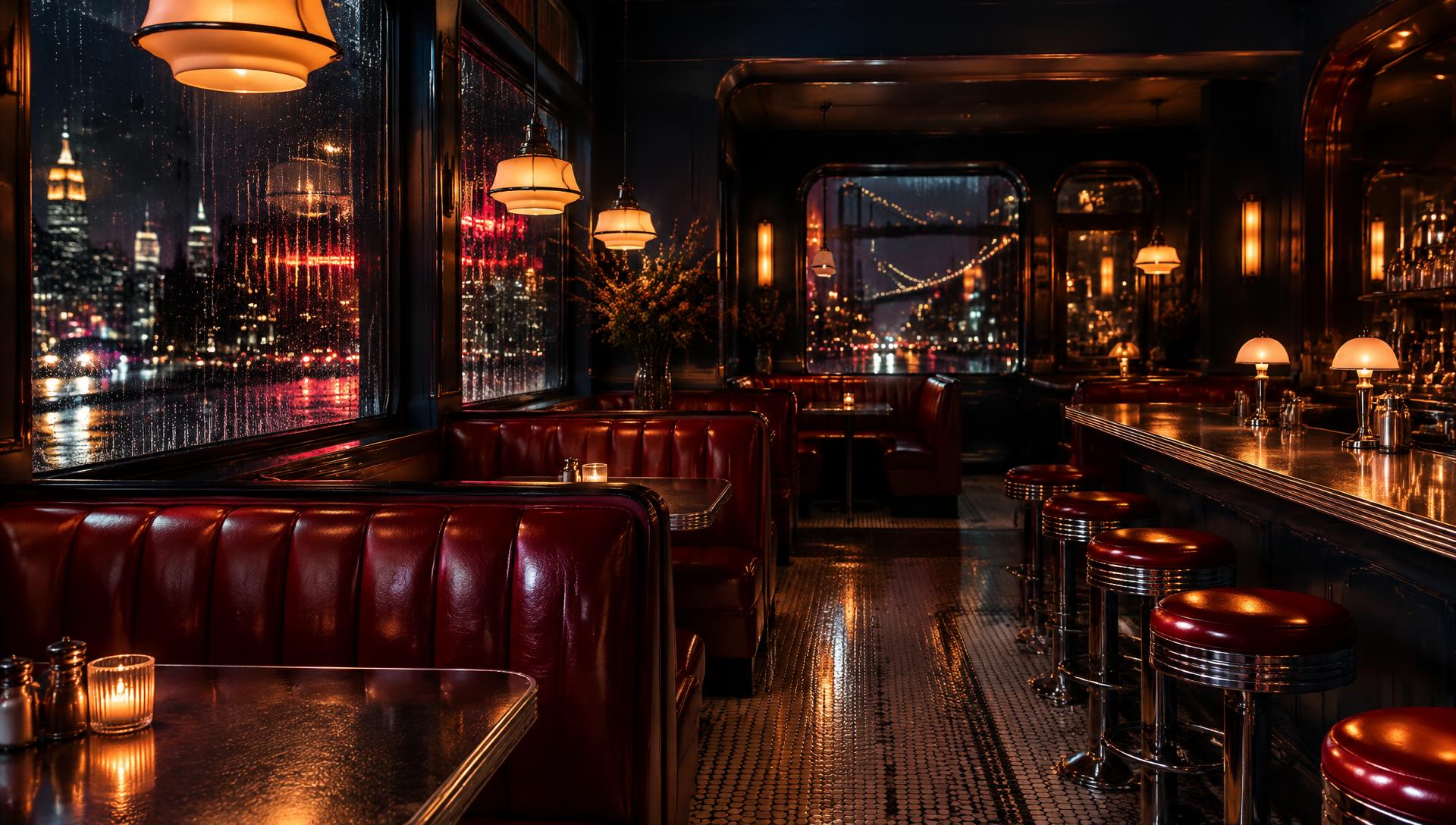 Midnight Diner interior with red leather booths at night