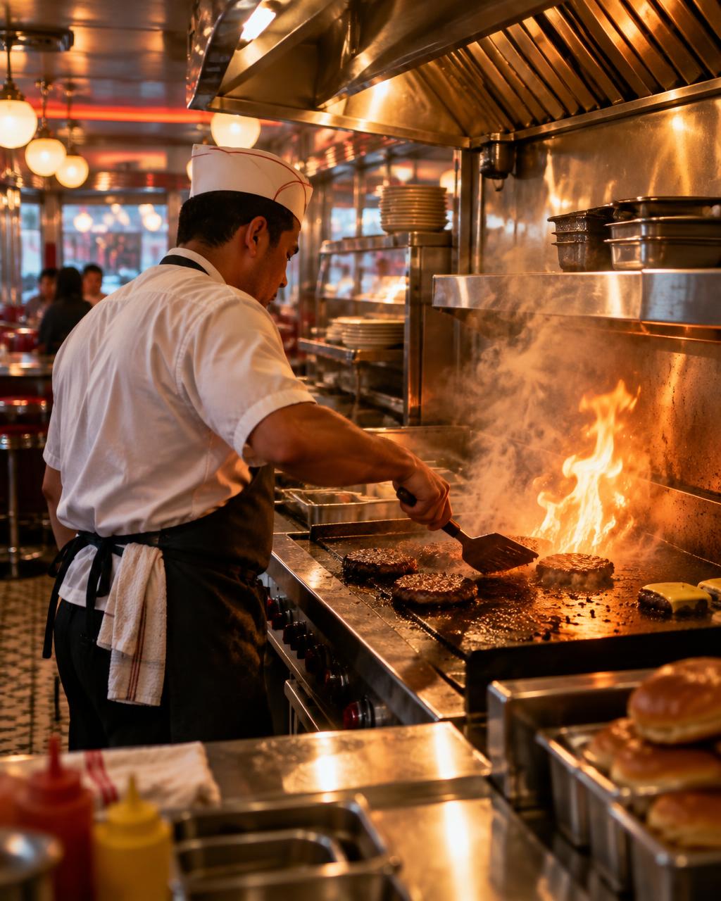 A cook flipping burgers on the flat-top grill