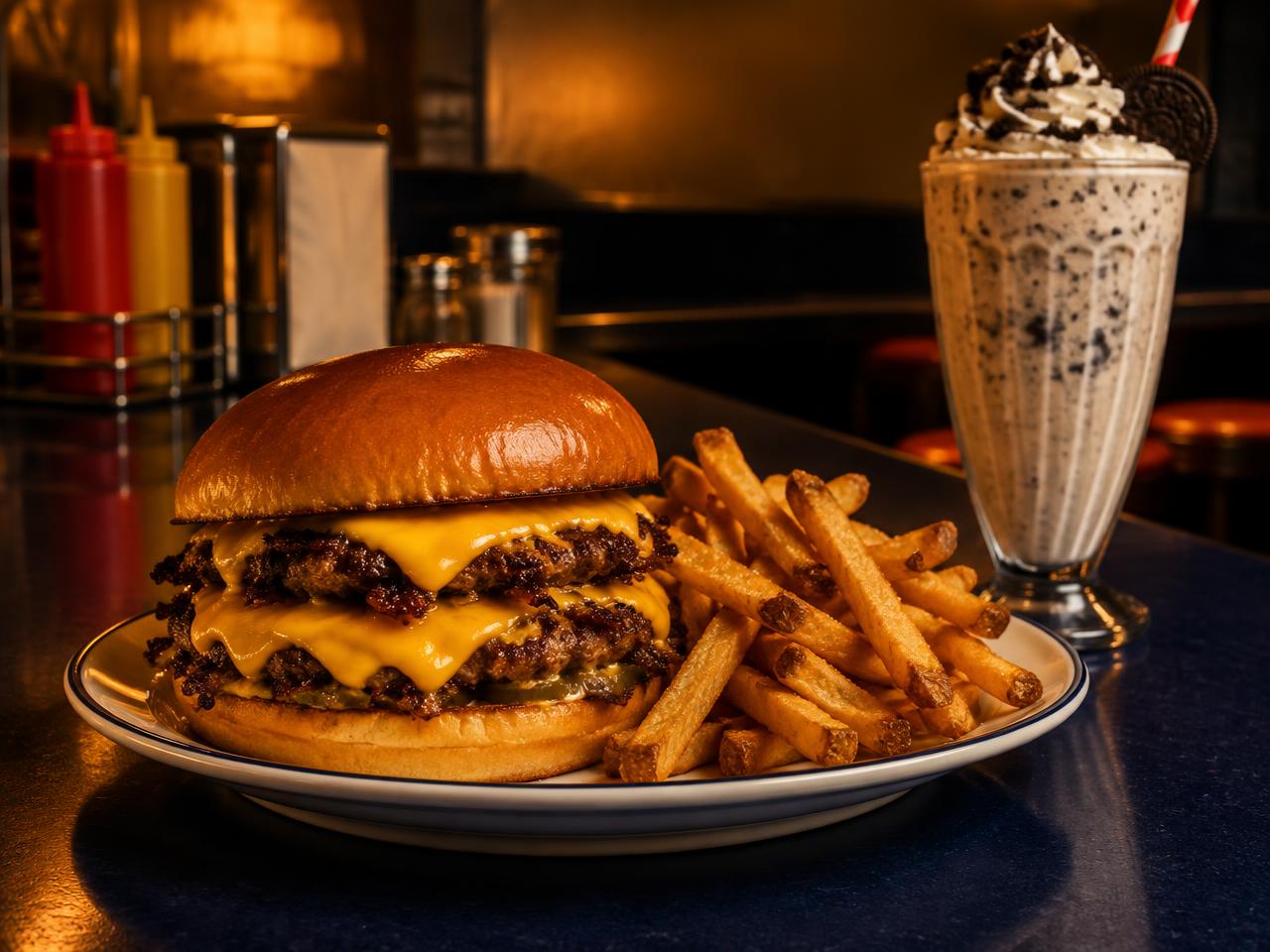 Smash burger, fries and a milkshake on the counter
